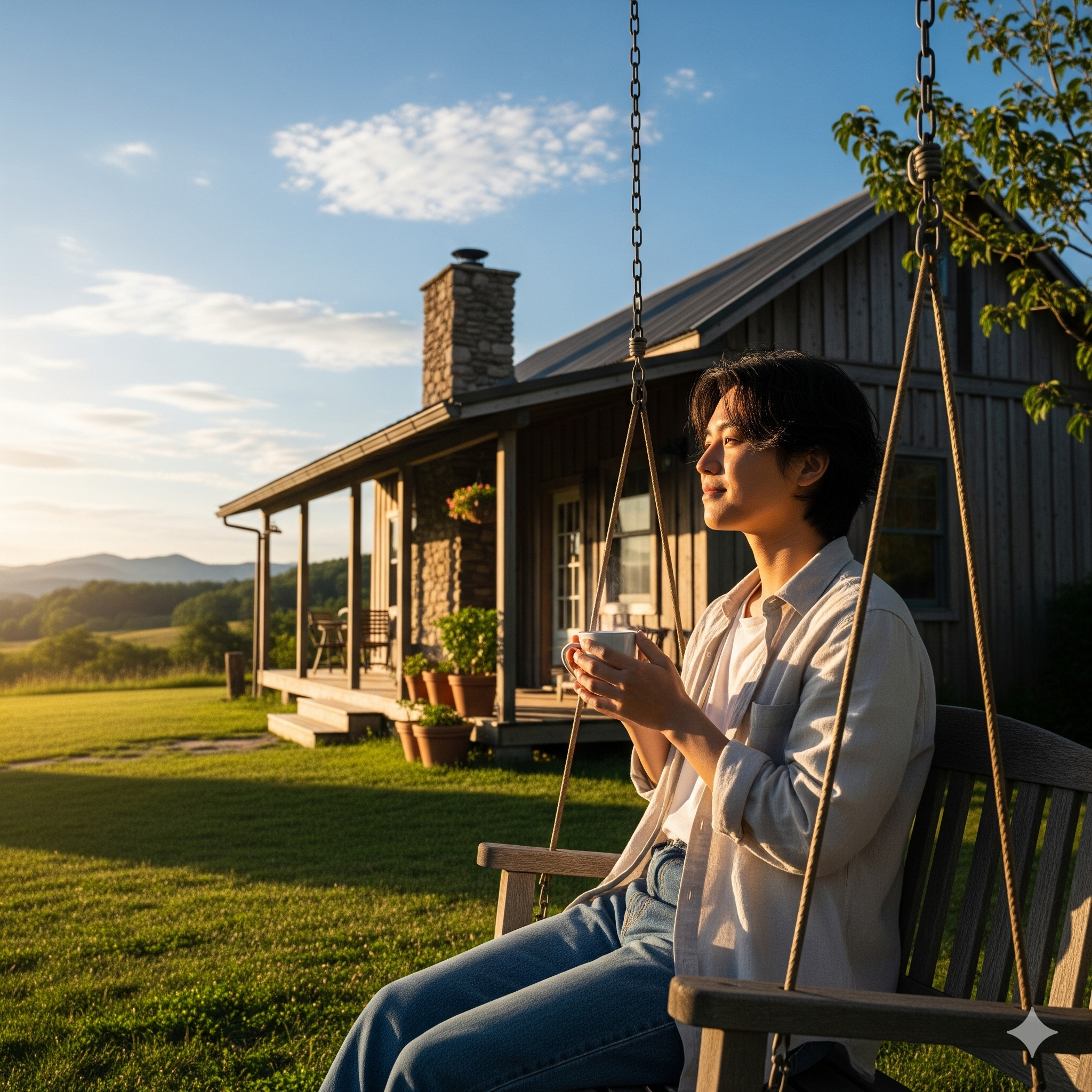 한적한 시골집과 여유를 즐기는 사람