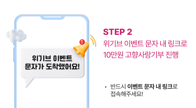 문자 링크를 통해 10만 원 기부 참여 안내 예시