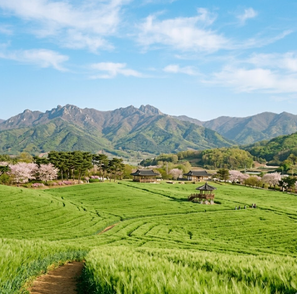 파란 하늘 아래 펼쳐진 고창 청보리밭 풍경과 멀리 보이는 유네스코 생물권 보전지역 산세