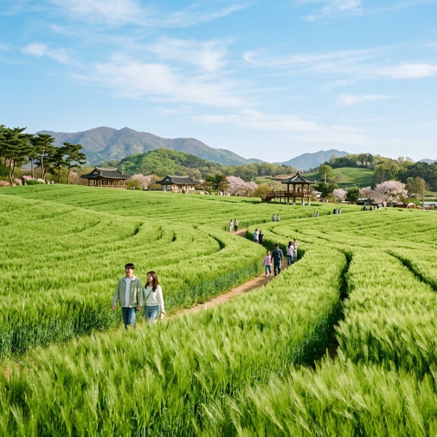 고창 청보리밭 축제 기간 학원농장의 광활한 초록빛 보리 물결과 한옥 정자 전경