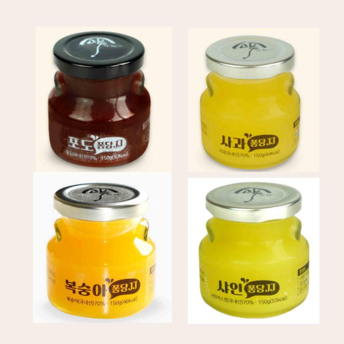 무설탕 100% 착즙 퐁당잼A 4병(포도, 사과, 복숭아, 샤인 각 150g)