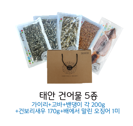 태안 건어물 5종세트(가이리, 고바, 밴댕이 각 200g+건보리새우 170g+오징어 1미)